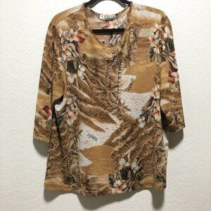 VTG Entity Daniel Benjamin Hawaiian Brown Blouse Palm Tree Bedazzled Lightweight